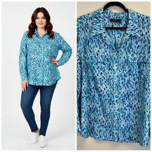 Ocean Blue Patterned Button Down Shirt Lightweight Plus Size 3X Top Office Work